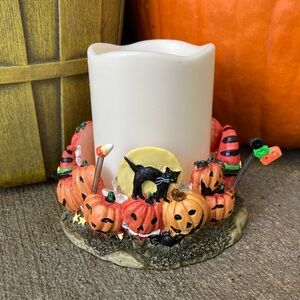 Halloween Jack O Lantern Pumpkin Pillar Candle Holder With Black Cat and Moon